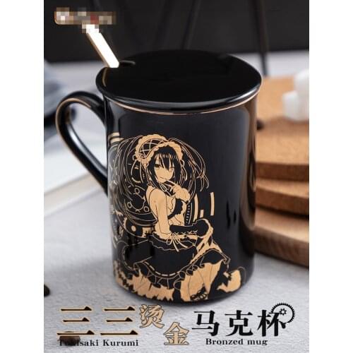 Anime DATE A LIVE Tokisaki Kurumi Water Cup Mug Cup Hot Stamping Ceramics Porcelain Cup Spoon+Cup lid Cosplay Gifts Cosplay