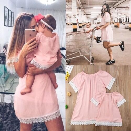 Fashion Family Lace Mini Dress Matching Mom Girls Family Clothes Summer Women Baby Clothes Mother Daughter Dresses