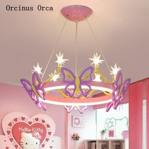 Cartoon creative Pink Butterfly chandelier Girl Bedroom Princess Room childrens room lamp lovely decoration crown Chandelier