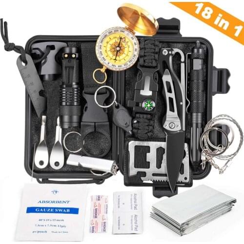Outdoor survival kit 18 in 1, multifunctional camping tactical defense equipment, first aid, SOS, desert exploration
