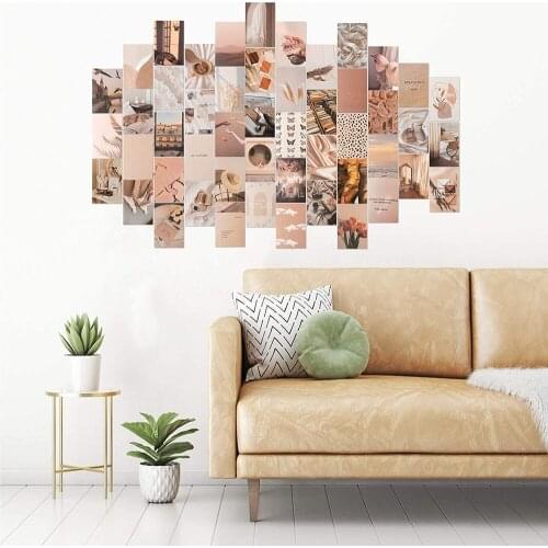 50Pcs Beige Retro Wall Collage Set Aesthetic Picture Flower Art Postcard Home Decoration Living Room Wall Art Photo 10x15cm