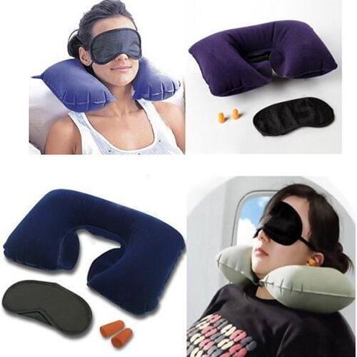 Inflatable Soft Slow Rebound Space Travel Flight Pillow Neck Cervical U Rest Air Cushion + Eye Mask + Earplug Healthcare Bedding