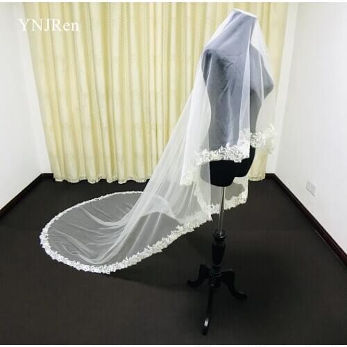 New hot White/ivory Bridal Cathedral Veil Lace Edge Bridal Wedding Veil With Comb 1T Bridal Veils Veu de Noiva Longo