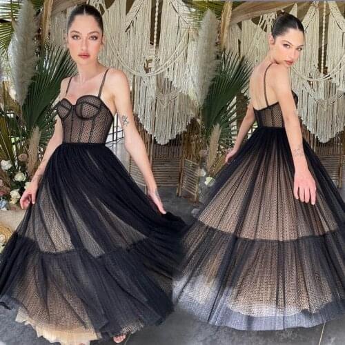 New Arrival Black Dotted Tulle Prom Gowns A-Line Spaghetti Straps Ankle Length Formal Party Evening Dresses 2021