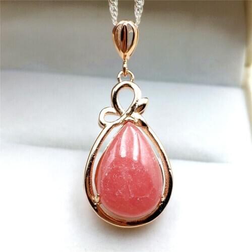 28x17mm Genuine Natural Red Ice Rhodochrosite Gemstone Love Pendant Gemstone Women Necklace Jewelry Rose Gold Plated AAAAA