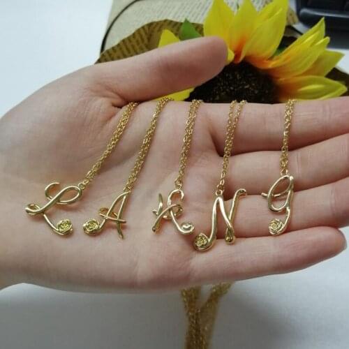 Rose Flower Initial A-Z Letter Necklaces For Women Gold Stainless Steel Chain Pendant Necklace Valentines Day Jewelry Gift