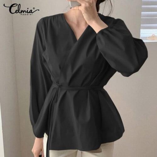 Celmia Women Long Sleeve Fashion Wrap Shirts Elegant Cross V Neck Workplace Blouses Casual Loose Office Peplum Tops Plus Size