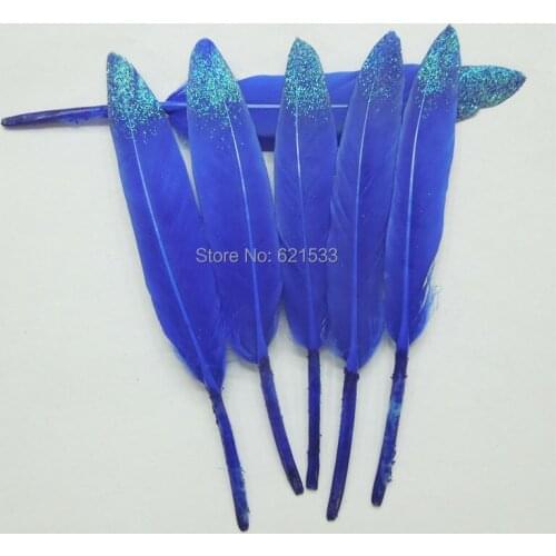 Silver Glitter Dipped Natural Royal Blue Duck Feathers, WHOLESALE Sparkling Blue Dipped Feathers,50pieces