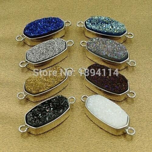 Titanium Colors Agat e Druzy Hexagon Connectors Druzy Glued On Copper Settings Of Plating Silve r 33*13 mm