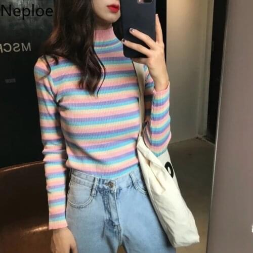 Neploe Rainbow Striped Bottom Knitwear Autumn Winter Slim Short Knitted Tops Long Sleeve Half Turtleneck Sweater Femme 56527