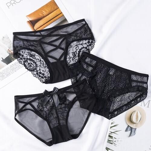 1 Pcs Fashion Sexy Black Lace Hollow Out Women Panties Low waist Thin Mesh Seamless Briefs Cotton Crotch Lingerie