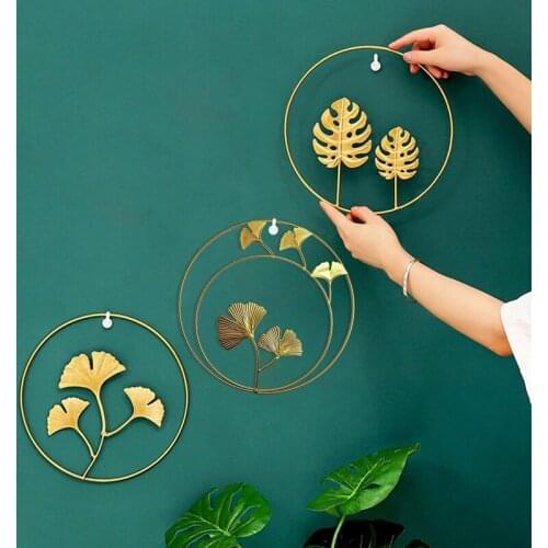 Iron Wall Decor,Gold Ginkgo,Maple,Monstera Leaf Wall Decor Round Wall Ornaments,for Bedroom Hanging Hotel Wall Decor