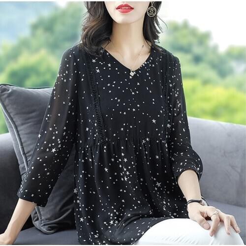 Womens Spring Summer Style Chiffon Blouse Shirt Womens Printed Long Sleeve Loose V-neck Elegant Casual Tops DD8428