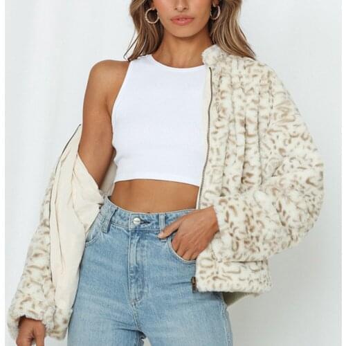 Womens Winter Long Sleeve Leopard Print Zip Up Fleece Jacket Outerwear Coat with Pockets Streetwear Femmle Cloths Thicken Warm