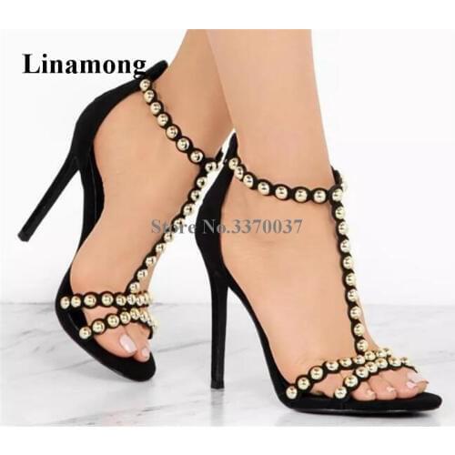 New Fashion Women Open Toe Suede Leather Stiletto Heel Metal Rivet Sandals Pink Beige T-strap Studded High Heel Sandals