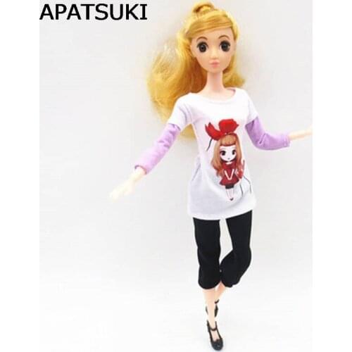 1Set Clothes For Barbie Doll White Painted Purple Patchwork T-Shirt & Black Short Pants Clothes For Barbie Doll Accessories Toys