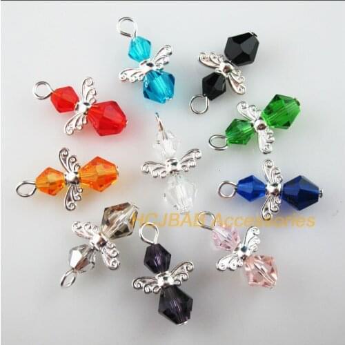 20Pcs Silver Plated Wings Mixed Crystal Beads Angel Charms Pendants 14x23mm