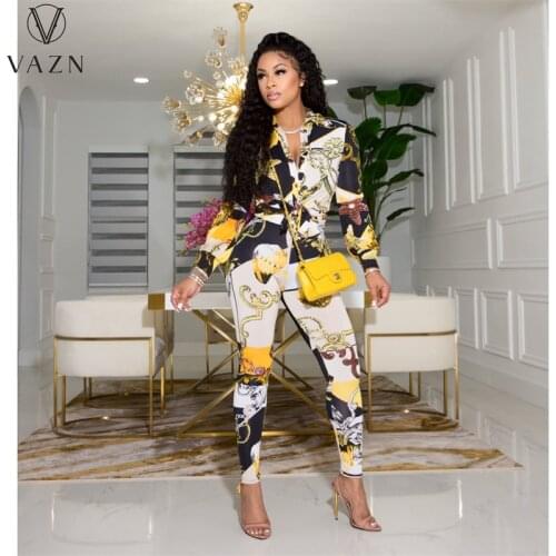 VAZN 2021 Shinny Hip Pop Lady Suits High Street Full Sleeve Sexy Print 2 Piece Set Women Top And Pant Summer