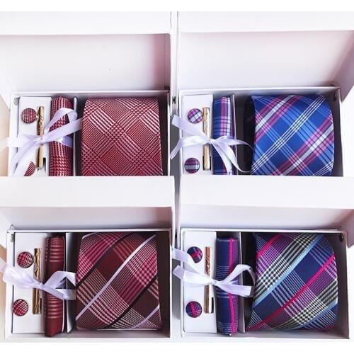 3.35inch(8 Cm) Wide Plaid Classic Mens Neckties Wedding Fashion Party Man Tie, Handkerchief, Pin and Cufflinks Gift Box Packing