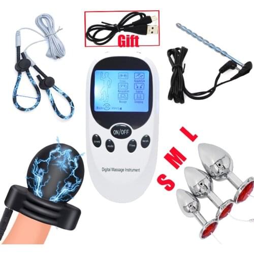 Electro Shock Anal Butt Plug Glans Trainer Massage Cup Electro Stimulate Penis Plug Cock Ring,USB Charge Host Male BDSM Sex Tool