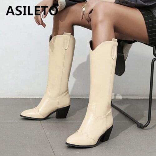 ASILETO Women PU Leather Western Mortorcycle Ridding Knee High Chunky Boots Low Square Heel Pull On Big Size 33-46 S2434