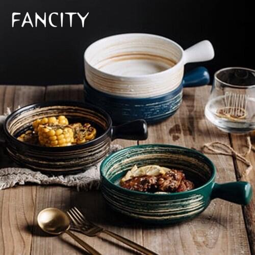FANCITY Nordic Bowl with Handle Creative Household Tableware Baking Bowl Baking Bowl Ceramic Personality Oven Special Baked Rice