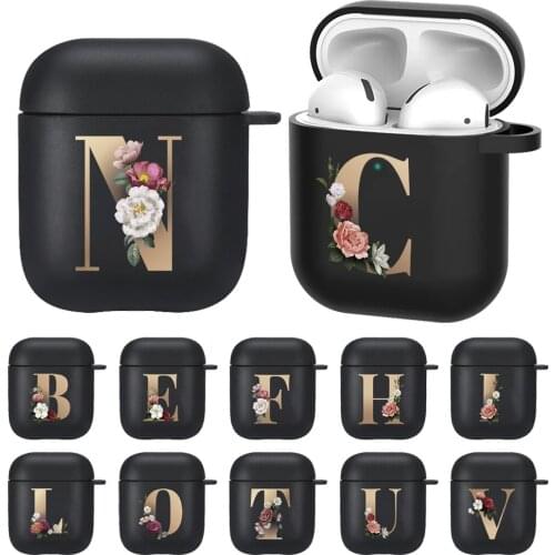 Black Protective Cases for Apple Airpods 1 Gen/ 2 Gen Matte Floral Gold Letters Earphone Cases Soft Silicone Headphone Cover