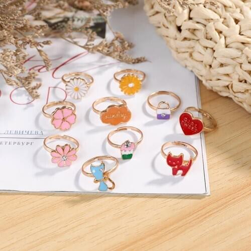 10PCS/Set Korean Style Kids Lovely Rings Girls with Mixed Resin Alloy Child Cartoon Rings Childrens Day Jewelry Accessories