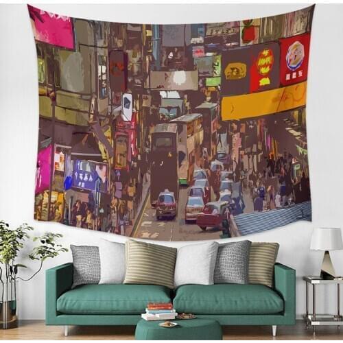 City Street Woodcut Hong Kong Wall Tapestry Cover Beach Towel Picnic Yoga Mat Home Decoration