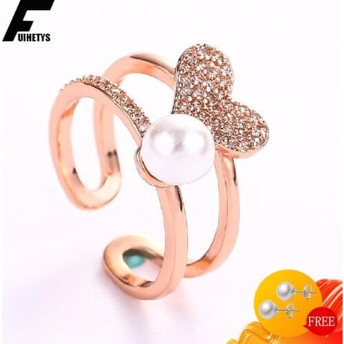 Pearl Ring 925 Silver Jewelry Heart Shape Zircon Gemstone Open Finger Rings for Women Wedding Engagement Accessories Wholesale