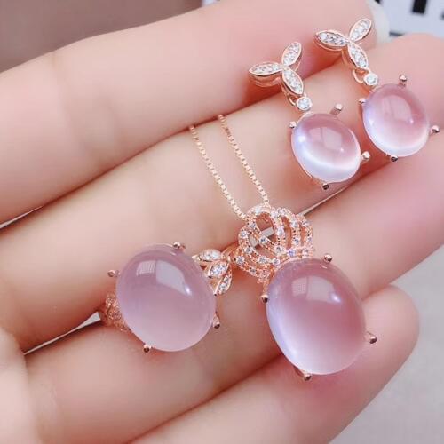 Per jewelry Natural real rose quartz flower jewelry set 1pc ring 1pc pendant 1pair drop earring 925 sterling silver J20499
