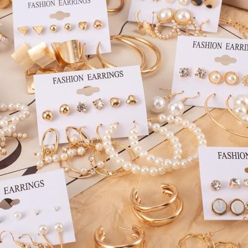 Fashion Golden Metal Dangle Earrings Set For Women Trendy Geometric Pearl Hoop Earrings 2021 Trend Jewelry Party Accessories