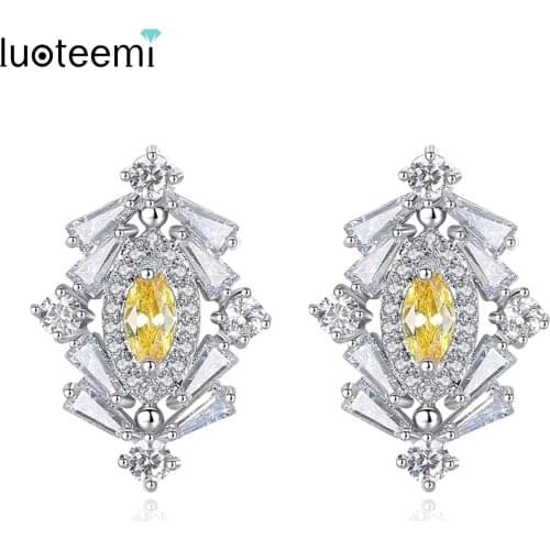 LUOTEEMI 2017 New Classic Design White Gold-Color Yellow Marquise Cut CZ Stud Earrings for Girls Women Fashion Earrings Bijoux