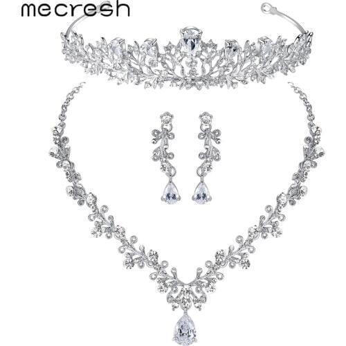 Mecresh Luxury Cubic Zirconia Jewelry Sets Leaf-Shape Crystal Wedding Bridal Necklace Earrings Tiara Sets Christmas TL486+HG126