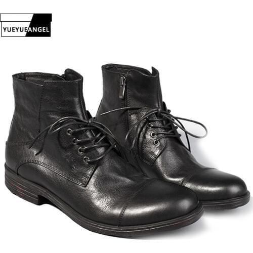 100% Real Leather Vintage Ankle Shoes Men Casual Lace Up Zipper Work Safety Boots Men Designer Black Motorcycle Cowboy Boots