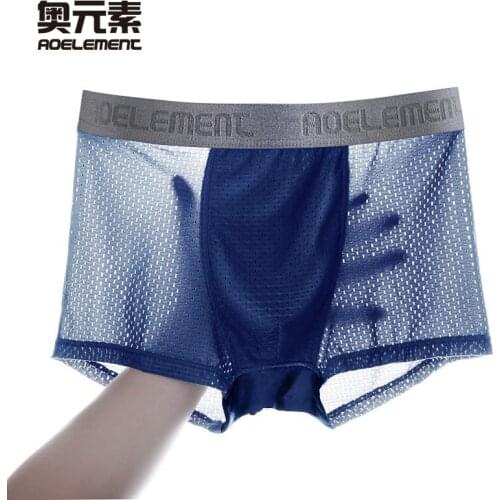 AOELEMENT Summer Mens Ice Silk Mesh Boxer Briefs Large Size Hollow Breathable Boxer Shorts Thin Sexy U Convex Bottom Pants