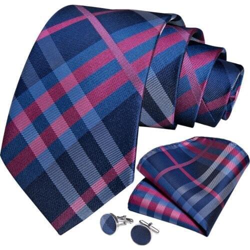 Men Necktie Purple Blue Plaid Silk Wedding Tie For Men Hanky Cufflinks Tie Set DiBanGu New Designer Business Party SJT-653
