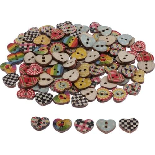 Kit of 100 Printed Wooden Buttons Heart-Shaped Decorations And 2 Dish