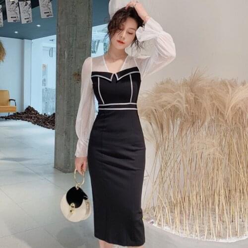 2020 Autumn Winter Polka Dot Dress Woman Long Sleeve Mesh Patchwork Black Office Work Dress Ladies Corset Midi Korean Dresses