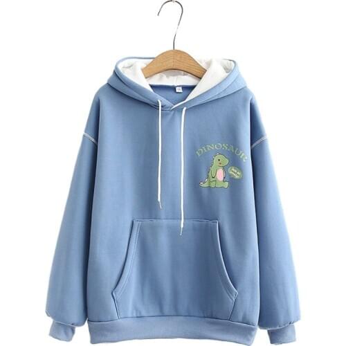 Autumn Winter Womens Sweet Hoodies Cartoon Dinosaur Print Stitching Hooded Patchwork Pullover Sweatshirt Girl Tracksuit 2010128