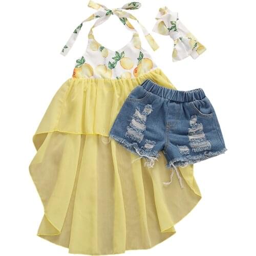 1-6Y Infant Baby Girls Clothes Sets Lenmon Print Sleeveless Blet Lace Dress Vest+Blue Denim Shorts