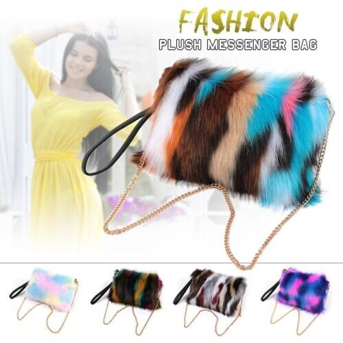 Rainbow Plush Faux Fur Crossbody Bags Women Fashion Shoulder Bag Messenger For Girl Phone Purses And Handbags