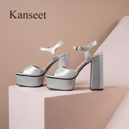 Kanseet Womens Shoes Summer New Silver Genuine Leather Platform Thick High Heels Shoes Sexy Party Office Ladies Woman Sandals
