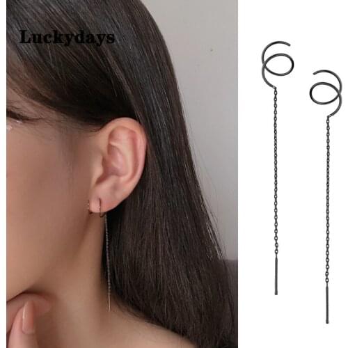 Luckydays Punk Rotating Line Drop Earrings for Girls Black Color Long Chain Tassel Earrings Women Fashion Jewelry