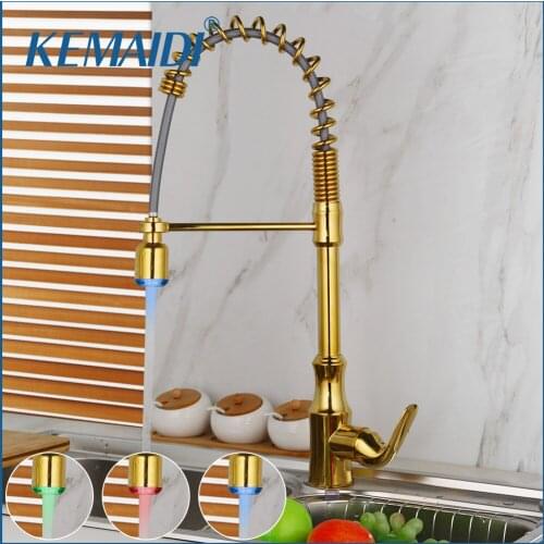 KEMAIDI Gold LED Faucets Brass Swivel Pulll Out 2 Functions Spray Kitchen Deck Mount Washbasin Faucet Mixer Vessel Sink Tap