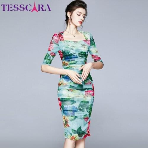 TESSCARA Women Spring & Summer Floral Mesh Dress Festa High Quality Elegant Cocktail Pencil Party Robe Femme Designer Vestidos