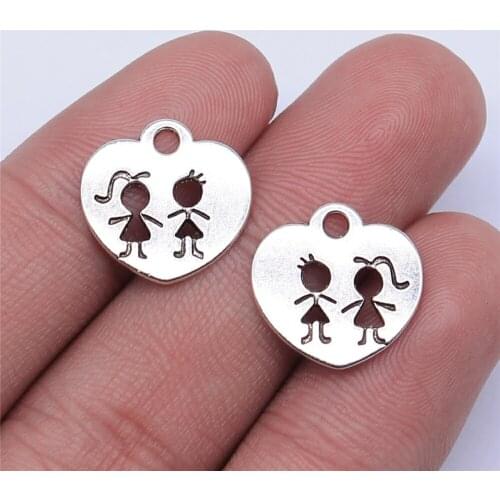 Tristana 40pcs 15x15mm Antique Silver Color Heart Boy Girl Charms Pendant For Jewelry Making DIY Jewelry Findings