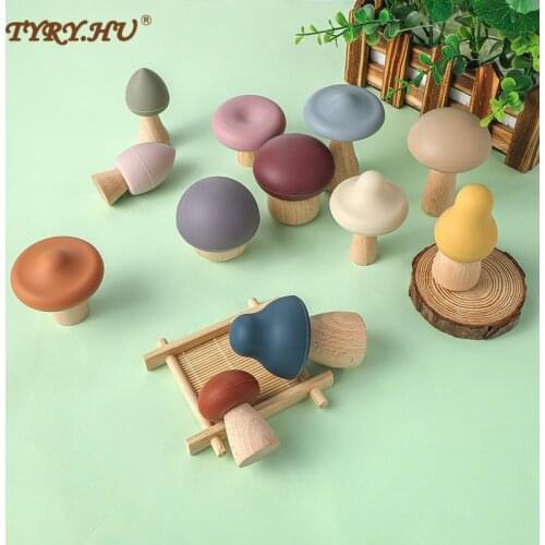 TYRY.HU 12pc Mushroom Building Blocks Silicone Teether Baby Toys Wooden Food Grade Teether Stacking Balance Game Educational Toy