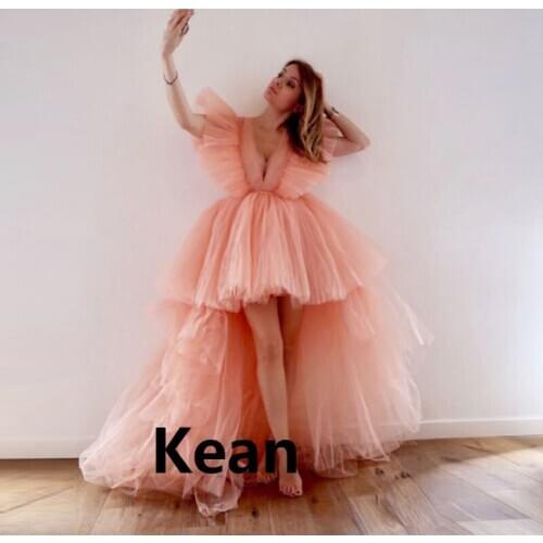 Peach Evening Dress Hi Low Cap Sleeve v-neck Ruffle Special Occasion robe soiree Islamic Dubai Kaftan Saudi Arabic Prom Dress