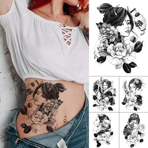 Waterproof Temporary Tattoo Stickers Japanese Geisha Peony Flower Fan Flash Tattoos Woman Sketch Body Art Fake Sleeve Tatoo Men